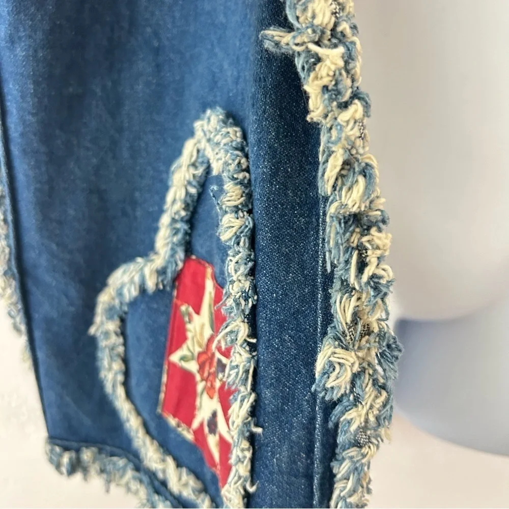 HANDMADE Vintage Denim Patchwork Kimono Jacket Heart Pockets Plaid Lining OSFM